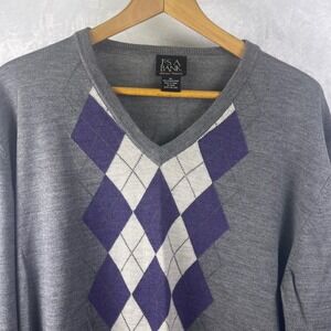 Jos A‎ Bank Signature Collection Gray 100% Merino Wool Argyle V Neck Sweater XL